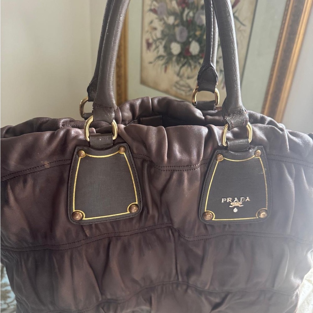 Prada Dark Brown Leather Ruched Shoulder Bag with Gold Hardware